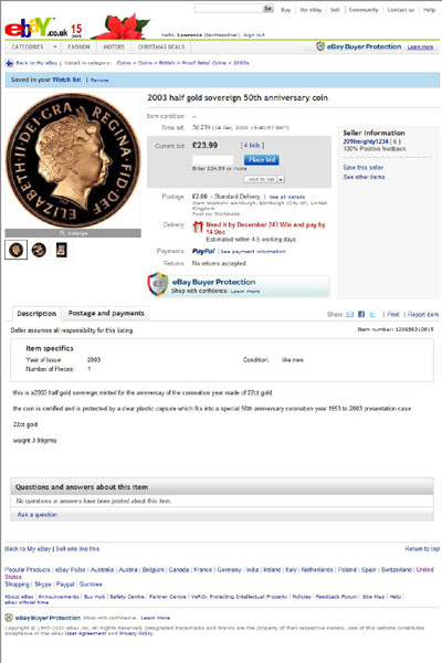 2010mighty1234's eBay Listing Using our 2003 Half Sovereign  Gold Proof Coin Photograph